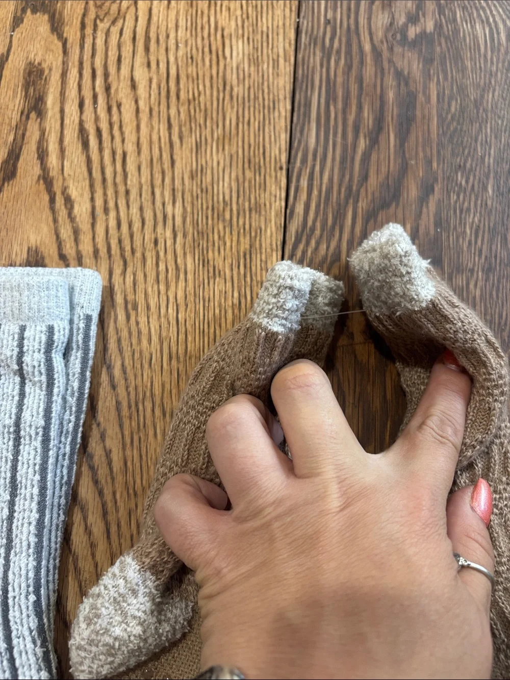 Cozy Crew Socks - Neutral Tan and Light Gray with Blue Accent